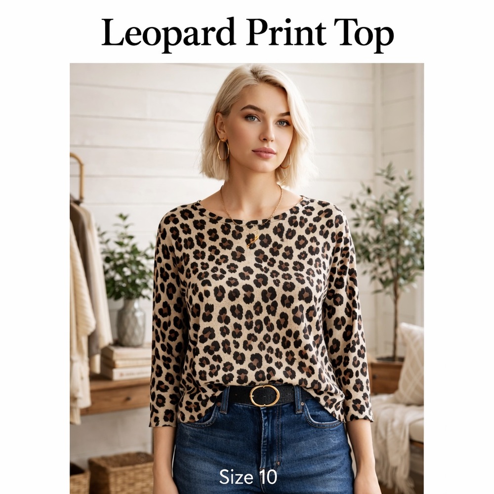 Leopard Print Top Size 10 Animal Print Blouse Stretch 3/4 Sleeve Casual Chic